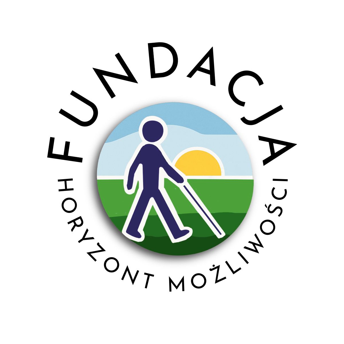 Logo Fundacji ROWON – Horyzont Możliwości. Symbol osoby niewidomej z białą laską na tle horyzontu, oznaczający wsparcie, samodzielność i nowe możliwości.