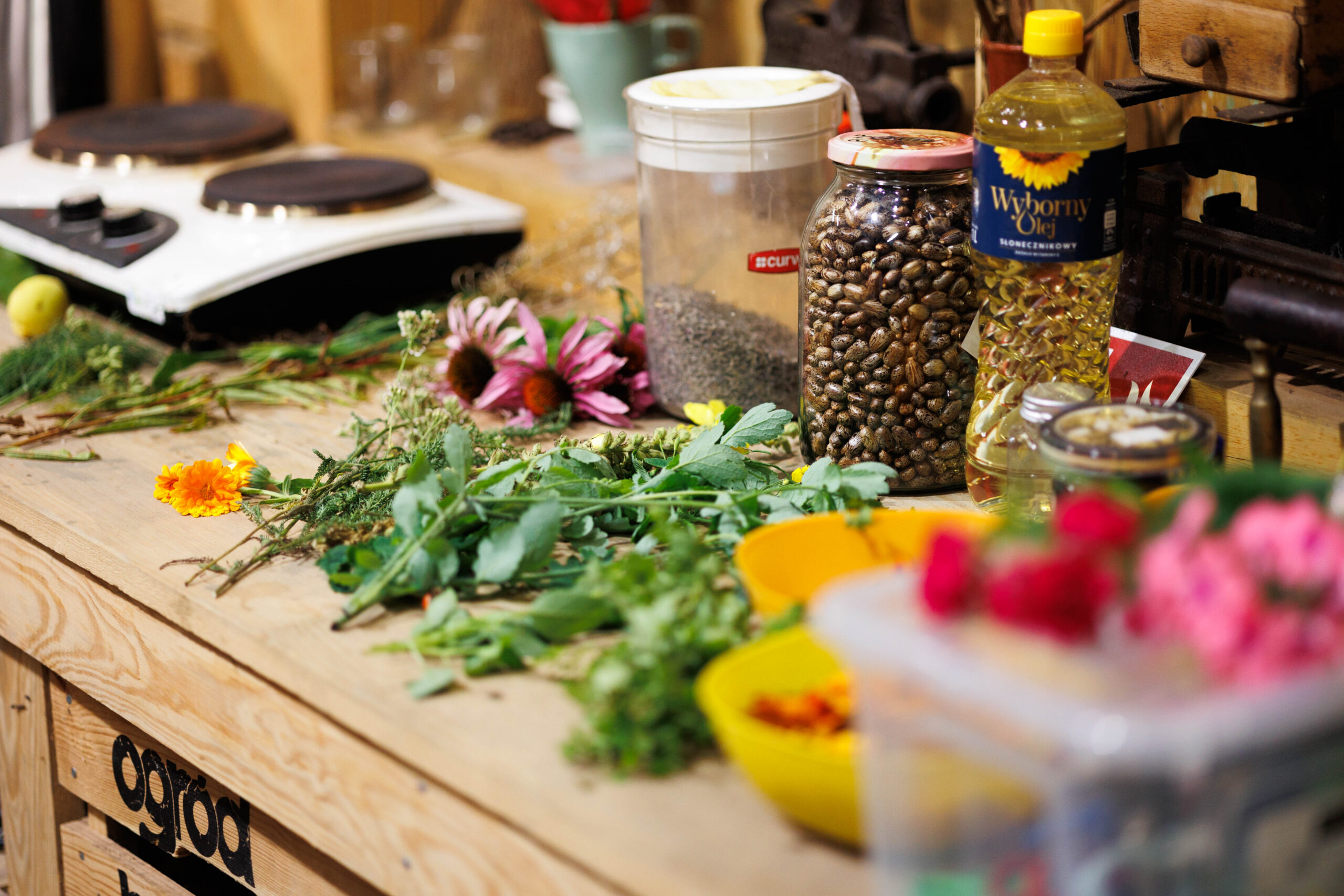 „Warsztaty ziołowe – uczestnicy projektu Spirala Zmysłów tworzą bukiety z ziół”