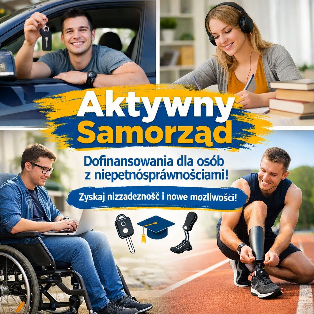Grafika promująca program „Aktywny Samorząd”. Cztery zdjęcia pokazują: mężczyznę trzymającego kluczyki do samochodu, kobietę uczącą się przy biurku, mężczyznę pracującego na laptopie na wózku inwalidzkim oraz sportowca zakładającego protezę nogi. Na środku widnieje napis „Aktywny Samorząd – Dofinansowania dla osób z niepełnosprawnościami”.