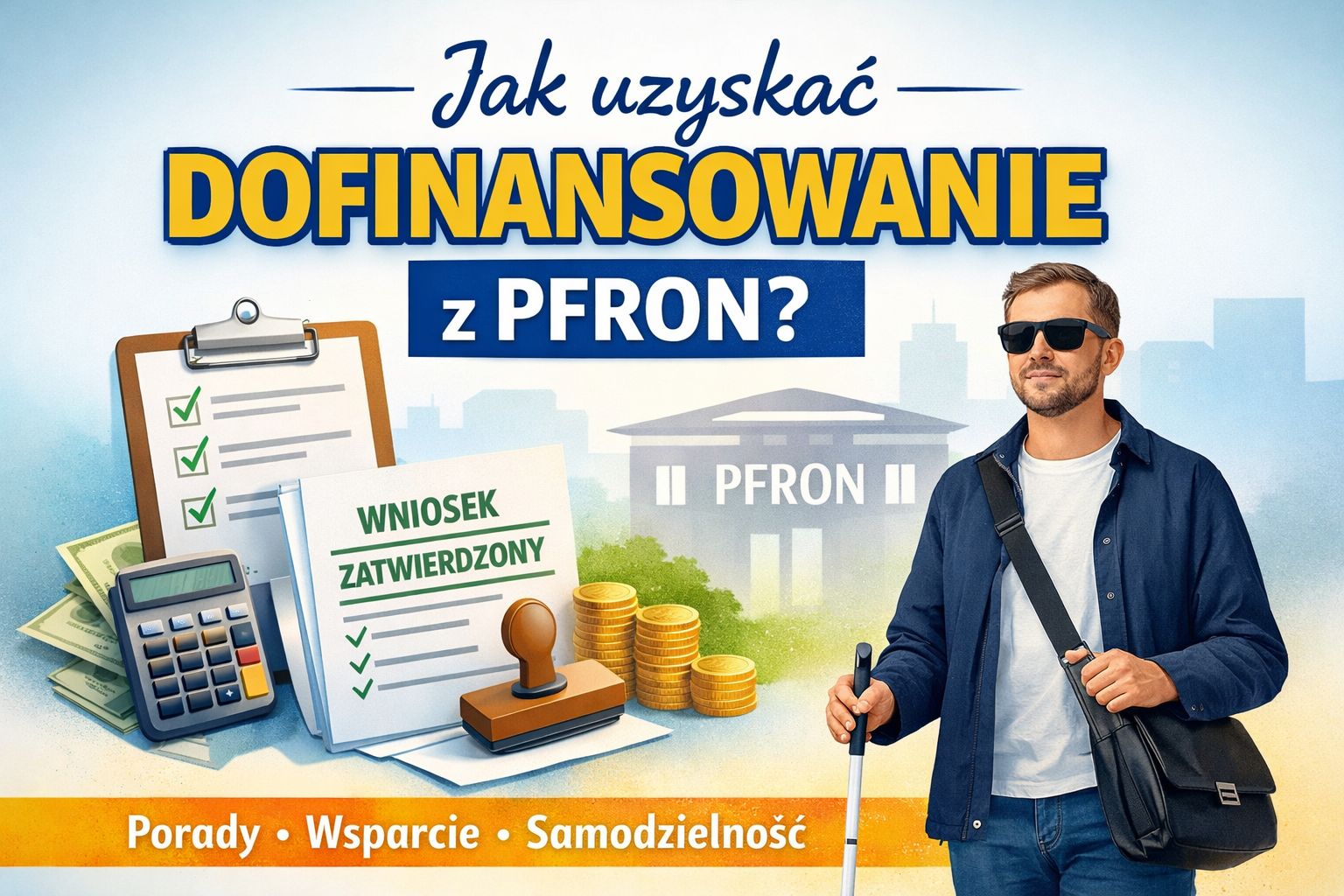 Grafika informacyjna z tytułem „Jak uzyskać dofinansowanie z PFRON?”. Na jasnym tle znajduje się osoba wypełniająca dokumenty przy biurku oraz elementy symbolizujące wsparcie finansowe i pomoc w formalnościach. Grafika zachęca do skorzystania z pomocy Fundacji ROWON – Horyzont Możliwości przy składaniu wniosków o dofinansowanie.