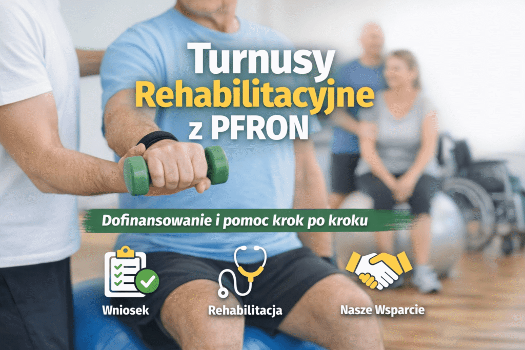 Osoba podczas ćwiczeń rehabilitacyjnych z terapeutą, w tle uczestnicy zajęć. Grafika informacyjna o turnusach rehabilitacyjnych z dofinansowaniem PFRON.