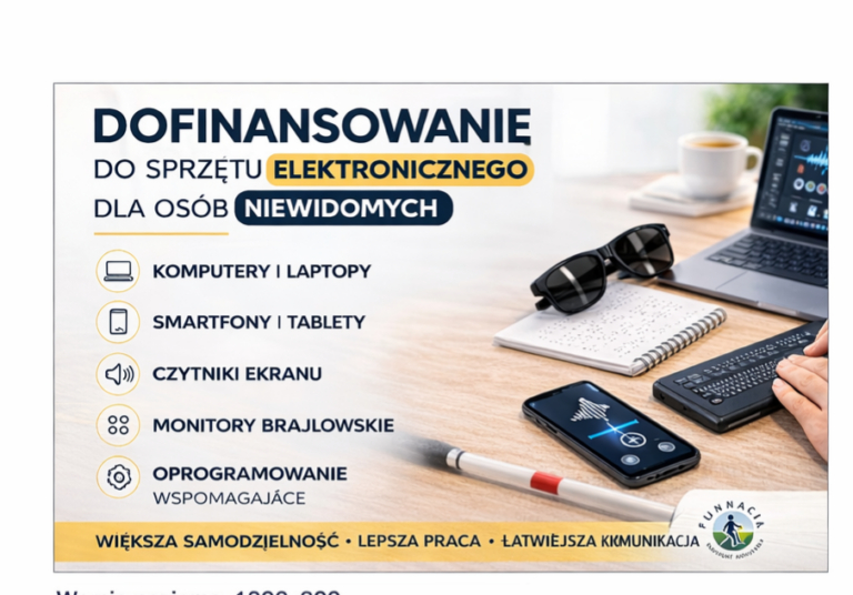 Grafika o dofinansowaniu do sprzętu elektronicznego dla osób niewidomych