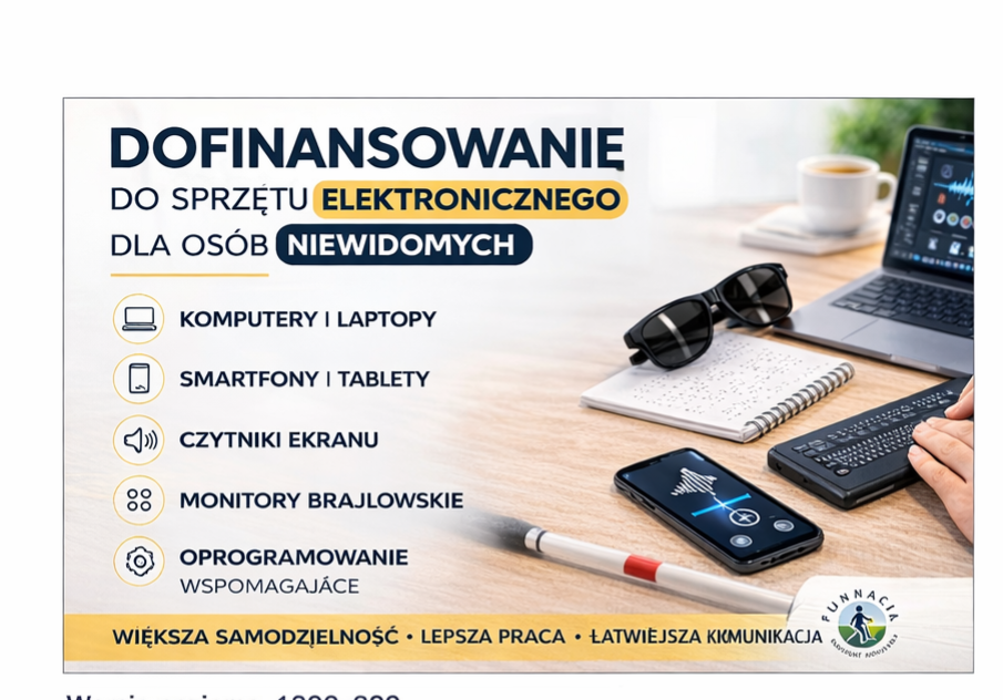 Grafika o dofinansowaniu do sprzętu elektronicznego dla osób niewidomych