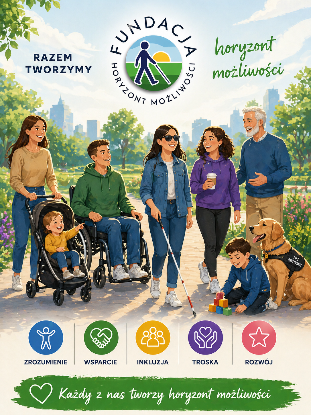 Kolorowa grafika fundacji przedstawiająca grupę osób o różnych potrzebach i możliwościach – kobietę z białą laską, osobę na wózku, rodzinę z dzieckiem oraz psa asystującego. W tle park i miasto. Na górze logo Fundacji Horyzont Możliwości, na dole hasła: „zrozumienie”, „wsparcie”, „inkluzja”, „troska”, „rozwój”