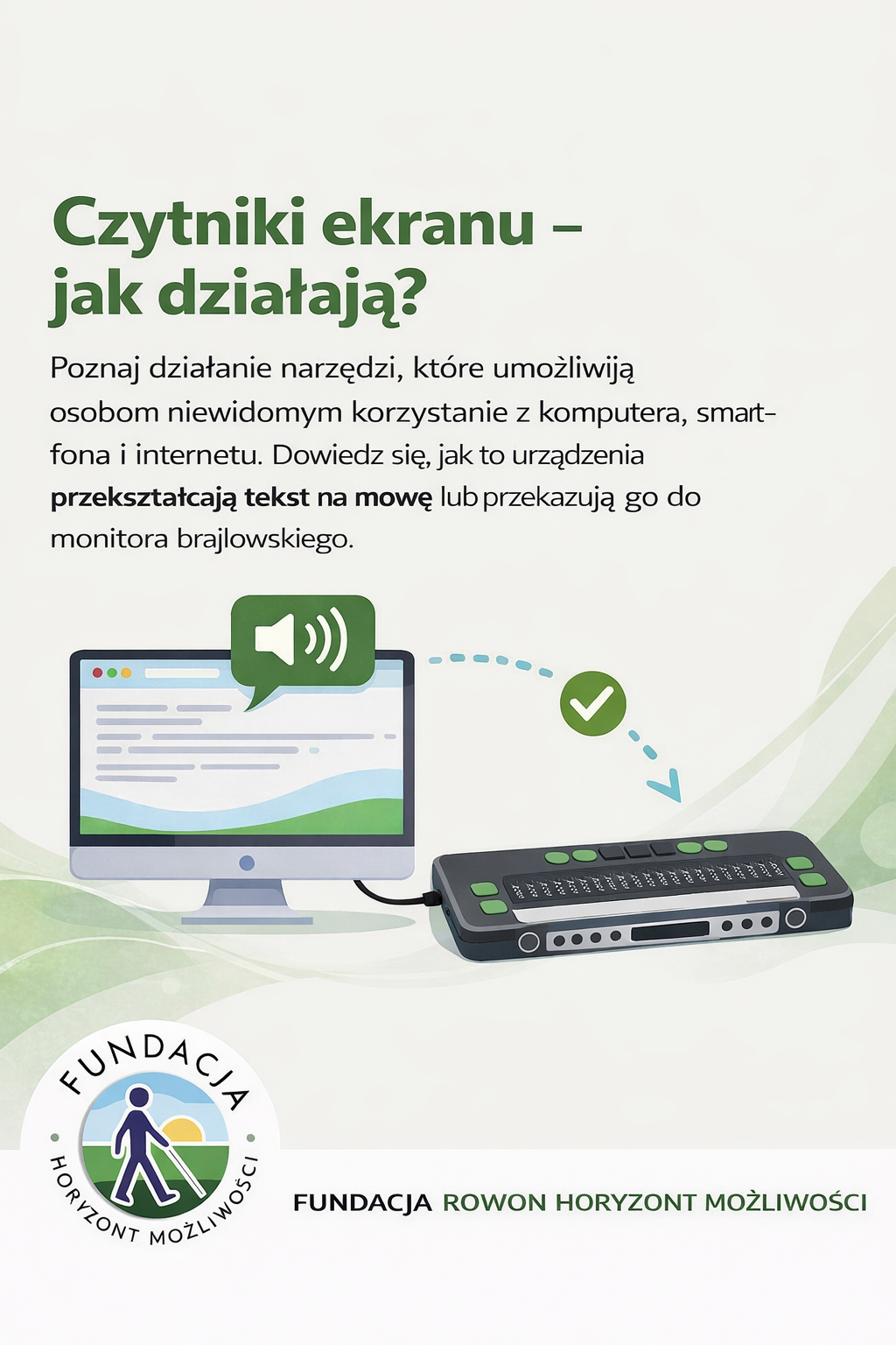 Grafika edukacyjna z napisem „Czytniki ekranu – jak działają?”. Ilustracja przedstawia komputer, z którego wychodzi symbol dźwięku (mowy), połączony strzałką z monitorem brajlowskim. Grafika pokazuje, że tekst z ekranu jest zamieniany na mowę lub przekazywany do urządzenia brajlowskiego. Na dole znajduje się logo oraz napis: Fundacja Rowon Horyzont Możliwości.