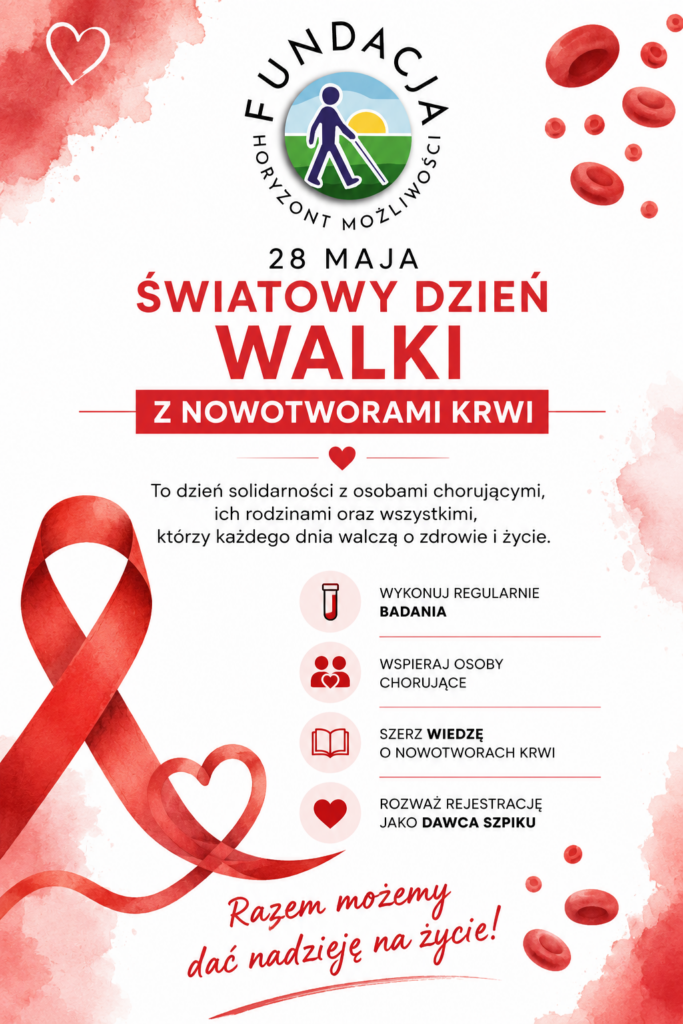 Pionowa grafika informacyjna Fundacji Rowon Horyzont Możliwości dotycząca Światowego Dnia Walki z Nowotworami Krwi. Na jasnym tle znajduje się czerwona wstążka, czerwone krwinki oraz logo fundacji. Grafika zachęca do wykonywania badań, wspierania osób chorujących i rejestracji jako dawca szpiku.