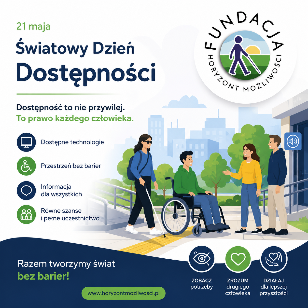 Grafika związana ze Światowym Dniem Dostępności przedstawiająca osoby z różnymi niepełnosprawnościami korzystające wspólnie z technologii i przestrzeni publicznej w sposób dostępny i przyjazny.
