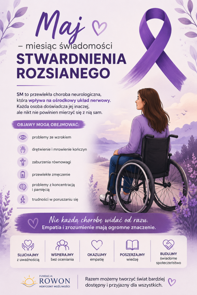 Grafika informacyjna dotycząca miesiąca świadomości stwardnienia rozsianego. Na ilustracji znajduje się osoba siedząca na wózku oraz symbol fioletowej wstążki kojarzonej z SM. Całość utrzymana jest w spokojnej, wspierającej stylistyce z napisem przypominającym o znaczeniu empatii i zrozumienia wobec osób chorujących na stwardnienie rozsiane.