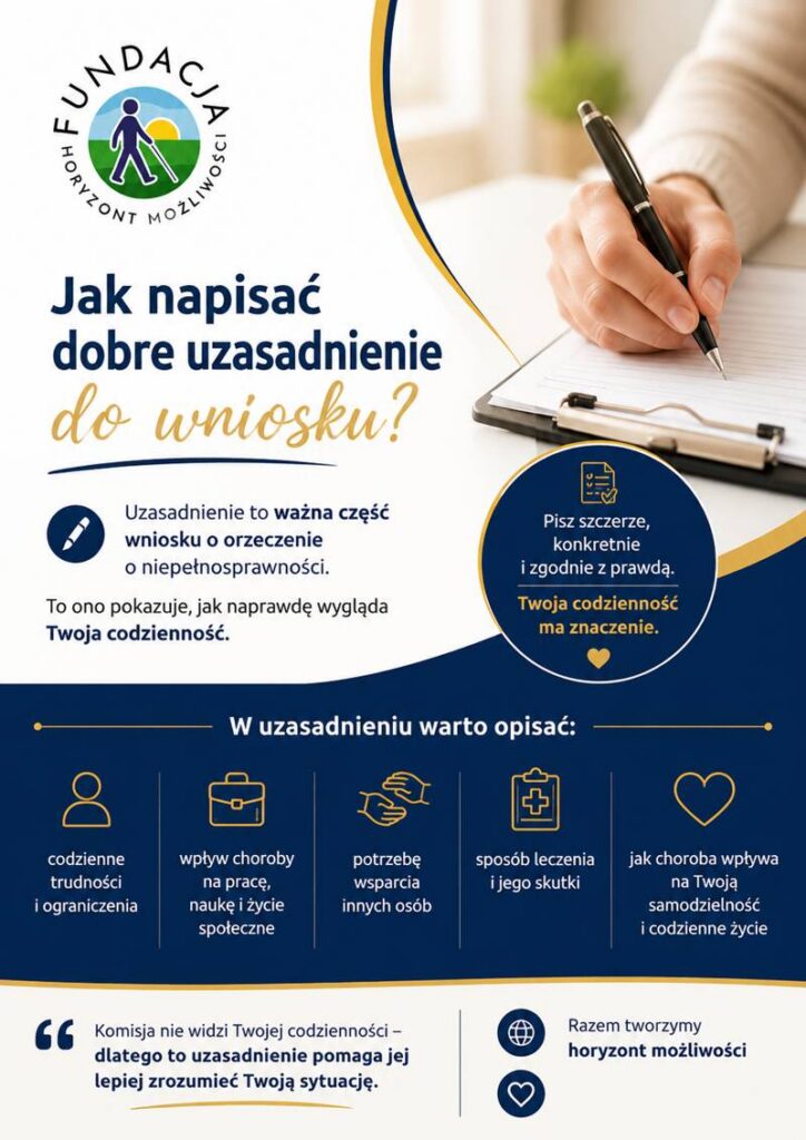 Grafika informacyjna Fundacji Rowon Horyzont Możliwości dotycząca pisania uzasadnienia do wniosku o orzeczenie o niepełnosprawności. Na grafice znajduje się logo fundacji, osoba pisząca długopisem na formularzu oraz najważniejsze informacje o tym, co warto opisać w uzasadnieniu, między innymi codzienne trudności, wpływ choroby na życie i potrzebę wsparcia innych osób. Kolorystyka grafiki utrzymana jest w granacie, bieli i złocie.