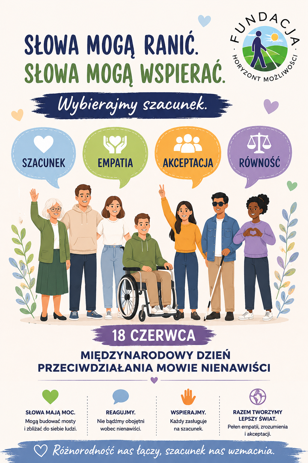 Na jasnym tle grupa różnorodnych osób, w tym osoba niewidoma z białą laską, osoba poruszająca się na wózku oraz osoby w różnym wieku. Nad nimi kolorowe dymki z napisami: 💙 Szacunek 💚 Empatia 🧡 Akceptacja 💜 Równość Hasło główne: „Słowa mogą ranić. Słowa mogą wspierać.” Pod spodem: „18 czerwca – Międzynarodowy Dzień Przeciwdziałania Mowie Nienawiści” W prawym górnym rogu logo Fundacji Rowon Horyzont Możliwości.