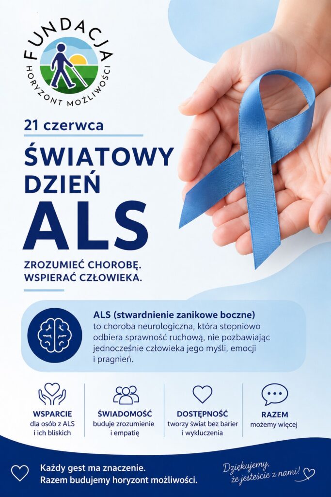 Grafika informacyjna z okazji Światowego Dnia ALS. Po lewej stronie znajduje się logo Fundacji Rowon Horyzont Możliwości oraz napis „21 czerwca – Światowy Dzień ALS”. Po prawej widoczna jest dłoń trzymająca niebieską wstążkę symbolizującą świadomość choroby. Poniżej umieszczono krótkie informacje o stwardnieniu zanikowym bocznym (ALS) oraz ikony przedstawiające wsparcie, świadomość, dostępność i wspólne działanie. Grafika utrzymana jest w jasnoniebieskiej kolorystyce, podkreślającej solidarność z osobami żyjącymi z ALS i ich rodzinami.
