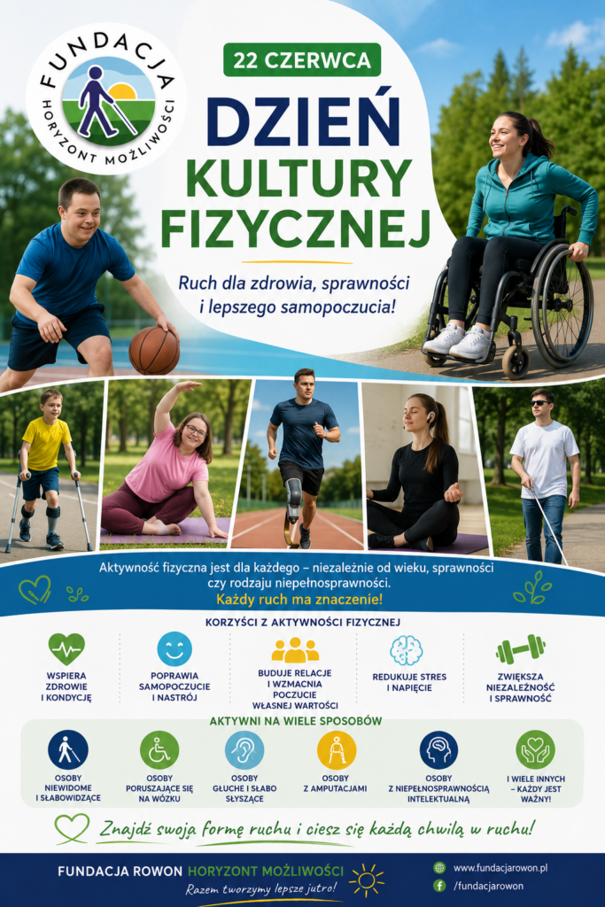Na grafice przedstawiono osoby z różnymi niepełnosprawnościami uczestniczące w aktywności fizycznej, m.in. osobę poruszającą się na wózku, osobę niewidomą z białą laską, osobę z amputacją kończyny dolnej, dziecko korzystające z kul oraz osobę z niepełnosprawnością intelektualną podczas ćwiczeń. Centralnie umieszczono hasło „Dzień Kultury Fizycznej – Ruch dla zdrowia, sprawności i lepszego samopoczucia”. Grafika podkreśla, że aktywność fizyczna jest dostępna dla każdego, niezależnie od rodzaju niepełnosprawności. W lewym górnym rogu znajduje się logo Fundacji Rowon Horyzont Możliwości.