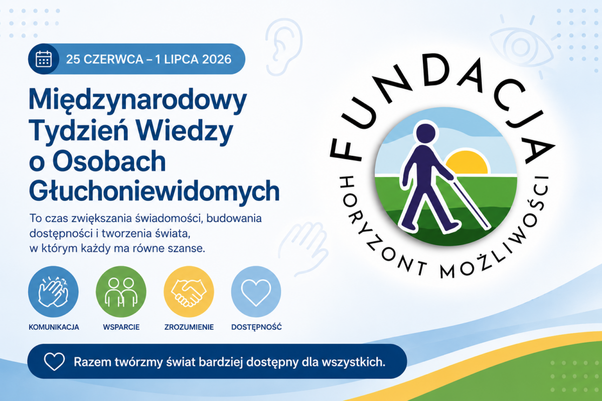 Plakat informacyjny promujący Międzynarodowy Tydzień Wiedzy o Osobach Głuchoniewidomych obchodzony w dniach 25 czerwca – 1 lipca 2026 roku. Po lewej stronie znajduje się duży granatowy napis informujący o wydarzeniu oraz krótki tekst zachęcający do zwiększania świadomości, budowania dostępności i tworzenia świata równych szans. U góry widoczna jest data wydarzenia. Na dole umieszczono symbole komunikacji, wsparcia, zrozumienia i dostępności. Po prawej stronie znajduje się logo Fundacji Rowon Horyzont Możliwości przedstawiające osobę z białą laską na tle krajobrazu. Tło utrzymane jest w jasnych odcieniach błękitu i bieli, z delikatnymi motywami oka, ucha i dłoni symbolizującymi komunikację oraz dostępność. Na dole widnieje hasło: „Razem twórzmy świat bardziej dostępny dla wszystkich”.