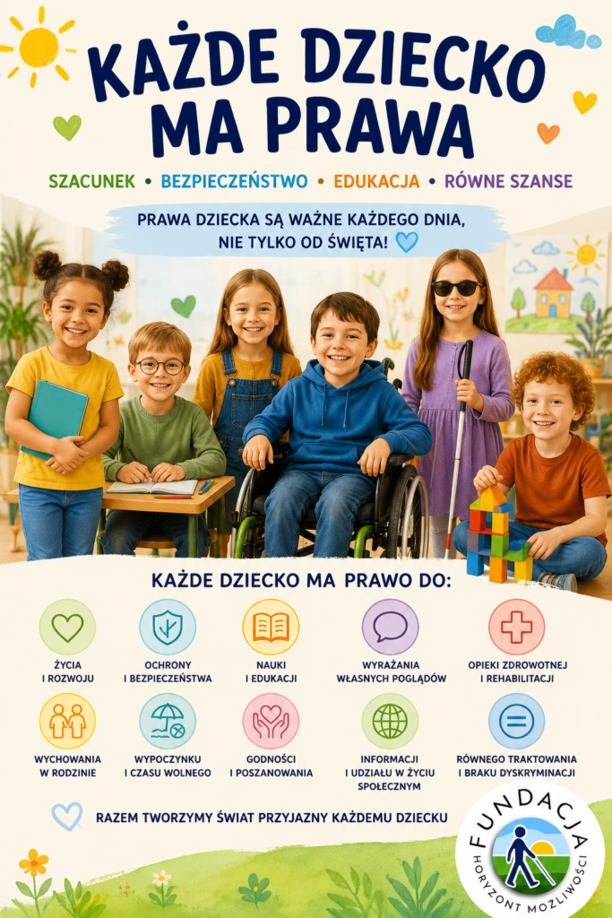Kolorowa ilustracja przedstawiająca grupę dzieci, w tym dzieci z niepełnosprawnościami, wspólnie bawiące się i uczące. Na grafice widnieje napis „Każde dziecko ma prawa” oraz logo Fundacji Rowon Horyzont Możliwości