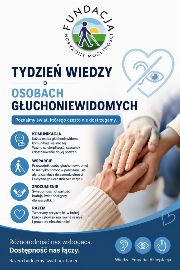 Pionowa grafika informacyjna przygotowana przez Fundację Rowon Horyzont Możliwości z okazji Tygodnia Wiedzy o Osobach Głuchoniewidomych. W górnej części znajduje się logo fundacji oraz duży napis „Tydzień Wiedzy o Osobach Głuchoniewidomych”. Obok widoczny jest symbol łączący motywy wzroku i słuchu. Po lewej stronie umieszczono krótkie informacje dotyczące komunikacji, wsparcia, zrozumienia i integracji osób głuchoniewidomych. Po prawej stronie znajduje się zdjęcie przedstawiające dłonie kilku osób ułożone jedna na drugiej jako symbol wsparcia, współpracy i solidarności. W dolnej części grafiki widnieje hasło: „Różnorodność nas wzbogaca. Dostępność nas łączy. Razem budujemy świat bez barier.” Całość utrzymana jest w biało-niebieskiej kolorystyce, podkreślającej temat dostępności, empatii i włączenia społecznego.