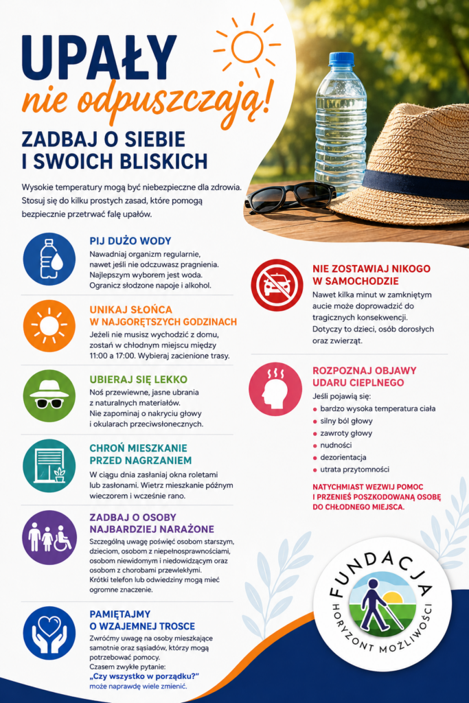 Pionowa infografika Fundacji Rowon Horyzont Możliwości na temat bezpiecznego zachowania podczas upałów. Na górze znajduje się napis „Upały nie odpuszczają! Zadbaj o siebie i swoich bliskich” oraz termometr wskazujący 38°C, butelka wody, kapelusz i okulary przeciwsłoneczne. Poniżej przedstawiono najważniejsze zasady bezpieczeństwa: regularne picie wody, unikanie słońca w najgorętszych godzinach, noszenie lekkiej odzieży, ochrona mieszkania przed nagrzaniem, troska o osoby najbardziej narażone, niepozostawianie nikogo w samochodzie oraz rozpoznawanie objawów udaru cieplnego. Na dole umieszczono logo Fundacji Rowon Horyzont Możliwości oraz hasło: „Dbajmy o siebie nawzajem. Zdrowie i bezpieczeństwo są najważniejsze.”