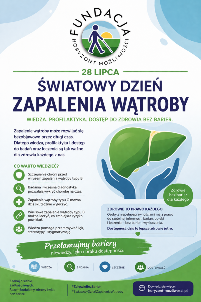 Pionowa grafika informacyjna z logo Fundacji Rowon Horyzont Możliwości, poświęcona Światowemu Dniu Zapalenia Wątroby. Przedstawia ilustrację wątroby chronionej przez dłonie oraz informacje o profilaktyce, szczepieniach, diagnostyce i leczeniu. Grafika podkreśla znaczenie wiedzy, dostępności i zdrowia bez barier dla każdego.