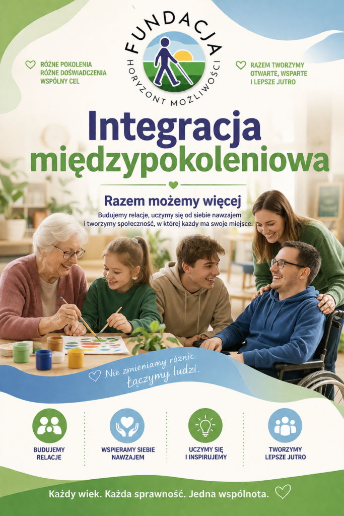 ntegracja międzypokoleniowa – osoby w różnym wieku, w tym osoby z niepełnosprawnościami, wspólnie spędzają czas, budując relacje, wzajemne wsparcie i poczucie przynależności do społeczności.