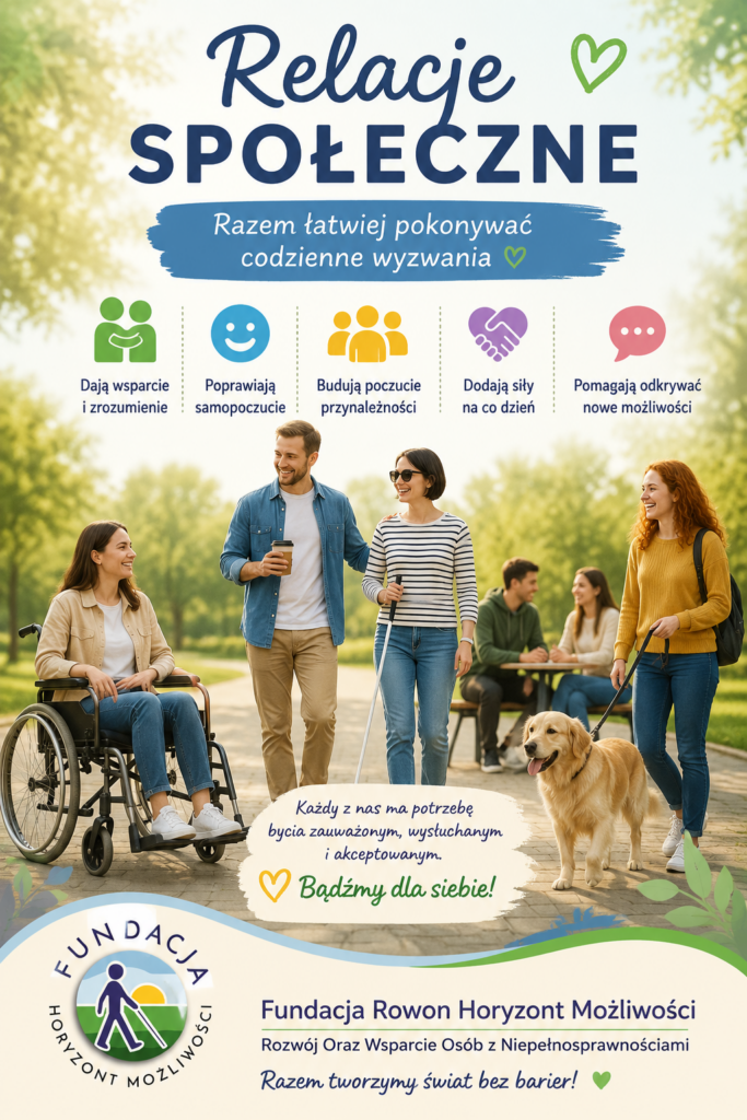 Grupa osób z różnymi rodzajami niepełnosprawności spędza wspólnie czas w słonecznym parku. Widać osobę poruszającą się na wózku, osobę niewidomą z białą laską oraz psa przewodnika. Nad ilustracją znajduje się napis „Relacje społeczne”, a poniżej krótkie informacje o korzyściach płynących z budowania więzi, takich jak wsparcie, lepsze samopoczucie, poczucie przynależności i wzajemna pomoc. U dołu umieszczono logo Fundacji Rowon Horyzont Możliwości oraz hasło zachęcające do tworzenia świata bez barier.